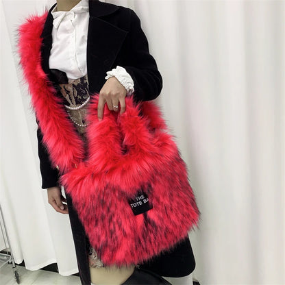 Luxury Designer The Tote Bags for Women Furry Leather Branded Fur Shoulder Bags Female Large Crossbody Handbags