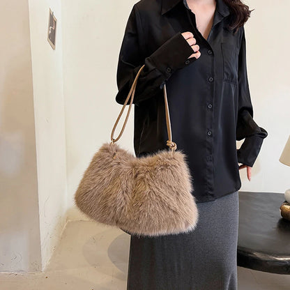 Women's Large Capacity Shoulder Bag Solid Color Plush Imitation Fur Handbag For Autumn And Winter Fashion