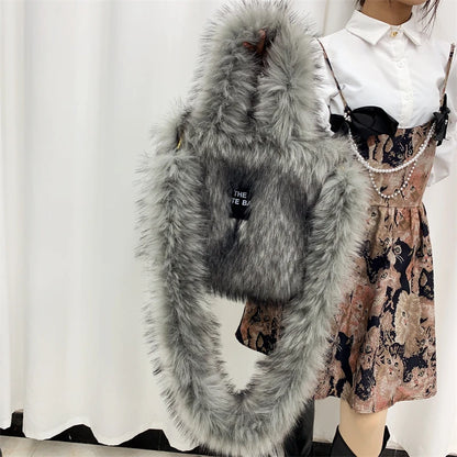 Luxury Designer The Tote Bags for Women Furry Leather Branded Fur Shoulder Bags Female Large Crossbody Handbags