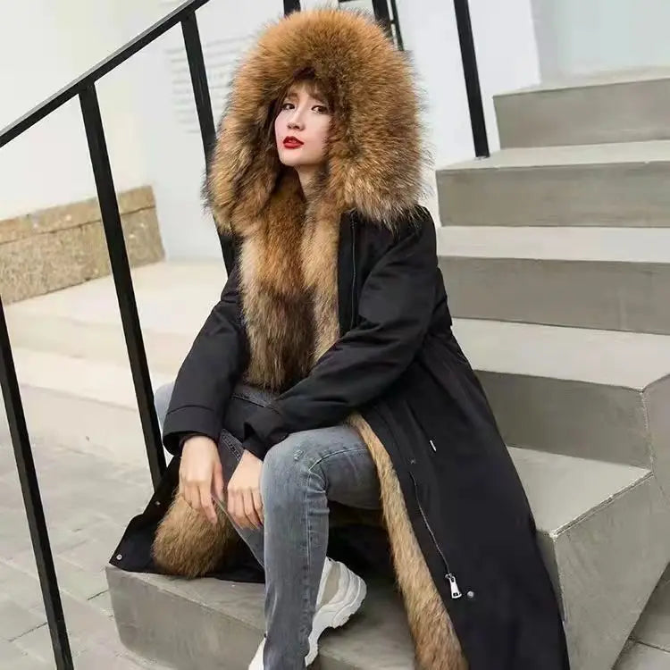 Women Cotton coat Winter Jacket Female thick warm Parkas hooded Outwear large sizeInner liner removable fur over knee Overcoat