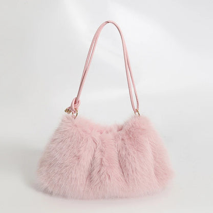 Women's Autumn and Winter Handbag Imitation Fur Fashion Hundred with Plush Bag Solid Color Large Capacity Zipper Shoulder Bag