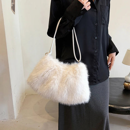 Women's Large Capacity Shoulder Bag Solid Color Plush Imitation Fur Handbag For Autumn And Winter Fashion