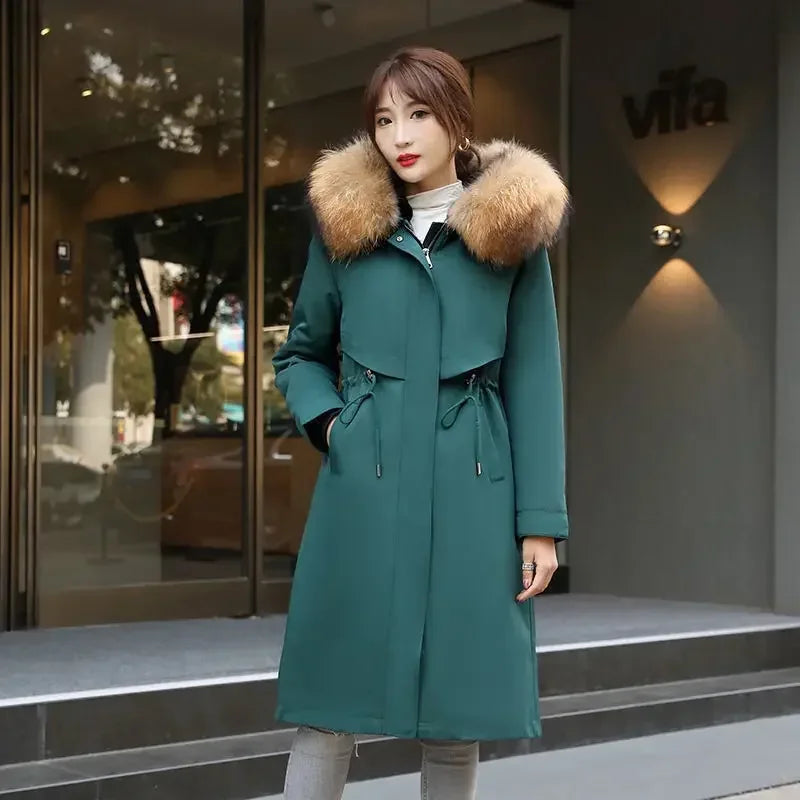 Women Cotton coat Winter Jacket Female thick warm Parkas hooded Outwear large sizeInner liner removable fur over knee Overcoat