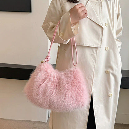 Women's Large Capacity Shoulder Bag Solid Color Plush Imitation Fur Handbag For Autumn And Winter Fashion