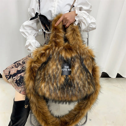 Luxury Designer The Tote Bags for Women Furry Leather Branded Fur Shoulder Bags Female Large Crossbody Handbags
