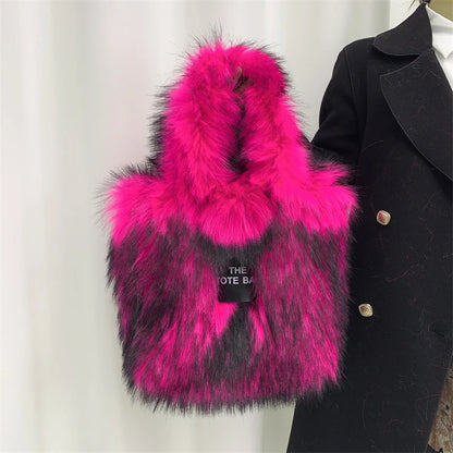 Luxury Designer The Tote Bags for Women Furry Leather Branded Fur Shoulder Bags Female Large Crossbody Handbags